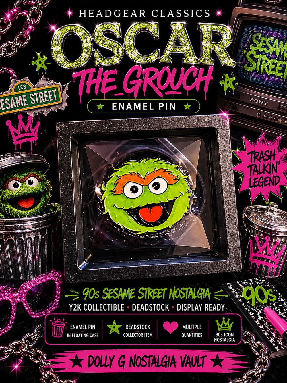 Deadstock Sesame Street Oscar the Grouch Headgear Enamel Pin Y2K Collectible